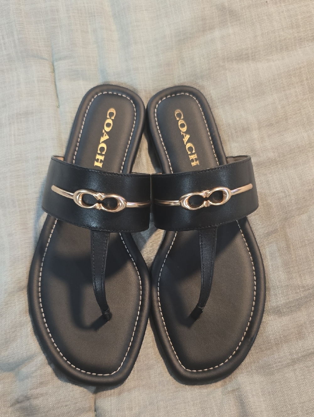 Coach Black Leather Thong Sandals with Gold Hardware